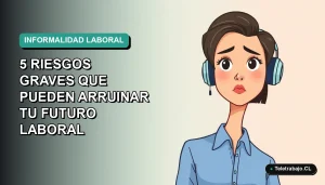 Ilustración plana corporativa de una mujer profesional con blusa azul y corte de pelo moderno, mirando con preocupación hacia un fondo vacío, representando los riesgos del trabajo informal en Chile.