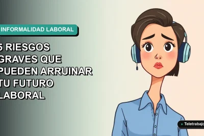 Ilustración plana corporativa de una mujer profesional con blusa azul y corte de pelo moderno, mirando con preocupación hacia un fondo vacío, representando los riesgos del trabajo informal en Chile.