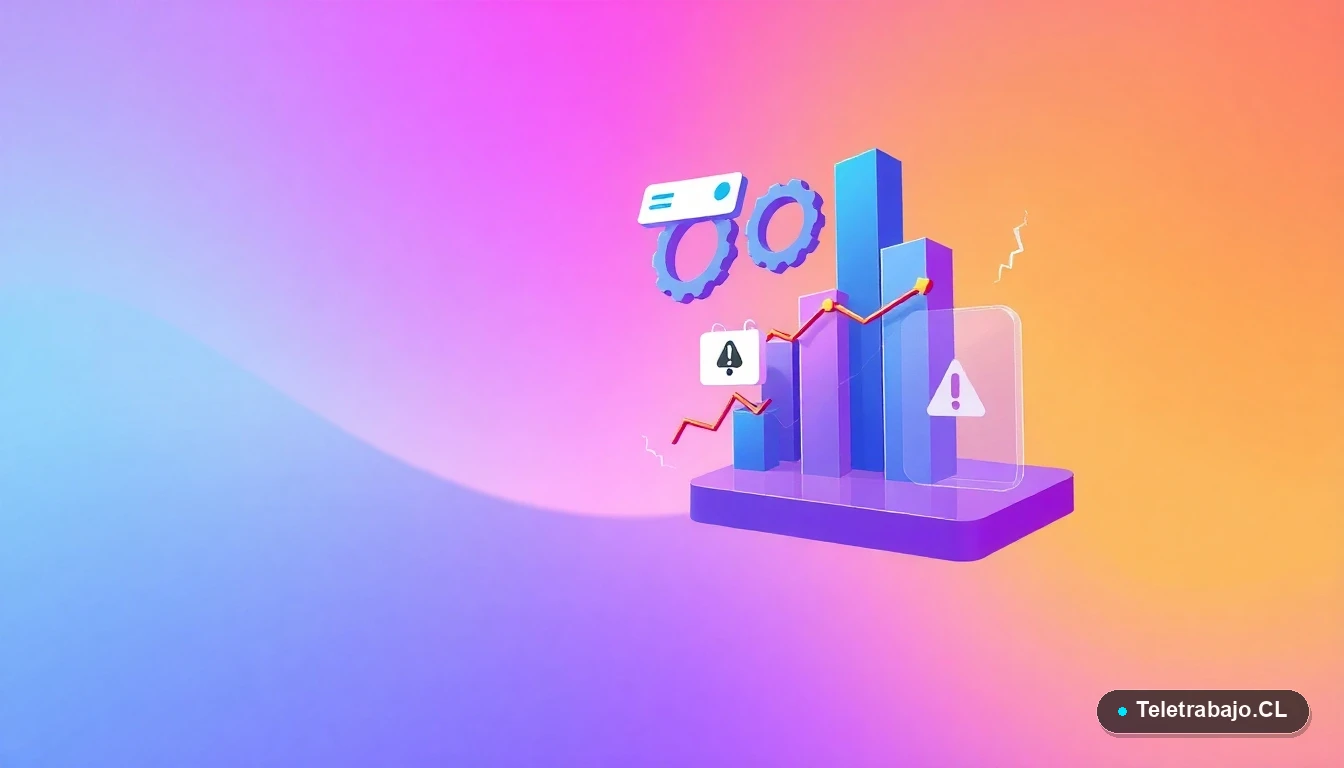 Ilustración abstracta de interfaz de usuario con gráfico inestable, engranaje roto y carpeta con advertencia, sobre fondo degradado lila y durazno, simbolizando la precariedad del empleo informal en Chile.