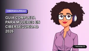 Ilustración plana vectorial de una mujer profesional de ciberseguridad chilena, estilo Corporate Memphis, con fondo degradado lavanda y gris.