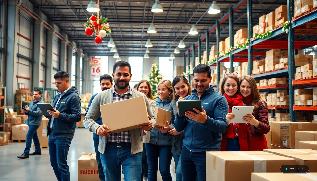 Personal trabajando en un almacén logístico durante la campaña de Navidad, gestionando pedidos y paquetes.