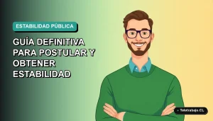 Ilustración plana vectorial de un hombre profesional con suéter verde trabajando de forma remota, sobre un fondo degradado azul verdoso, representando la estabilidad laboral en el Estado.