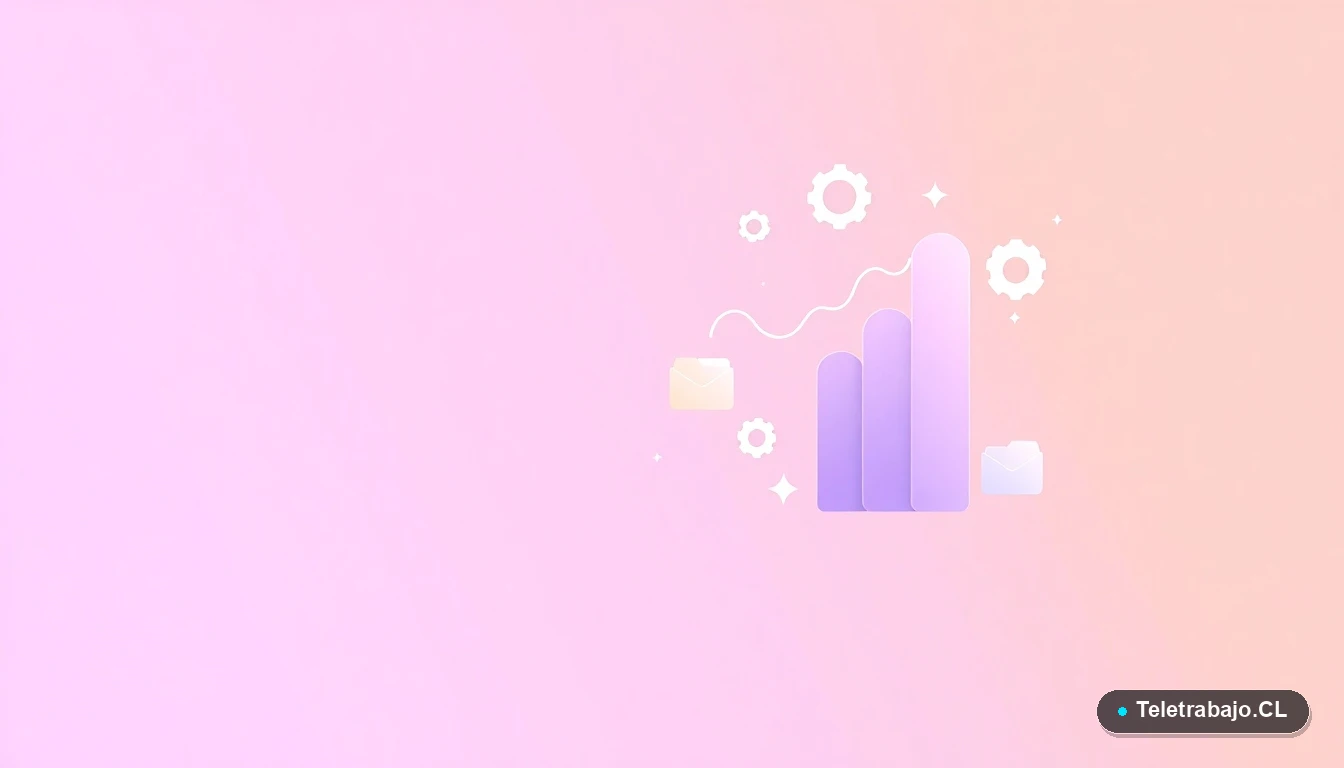 Composición abstracta de elementos de UI tecnológica con gráficos, engranajes y carpetas flotantes sobre fondo degradado lila y durazno, simbolizando procesos y eficiencia en el sector público.