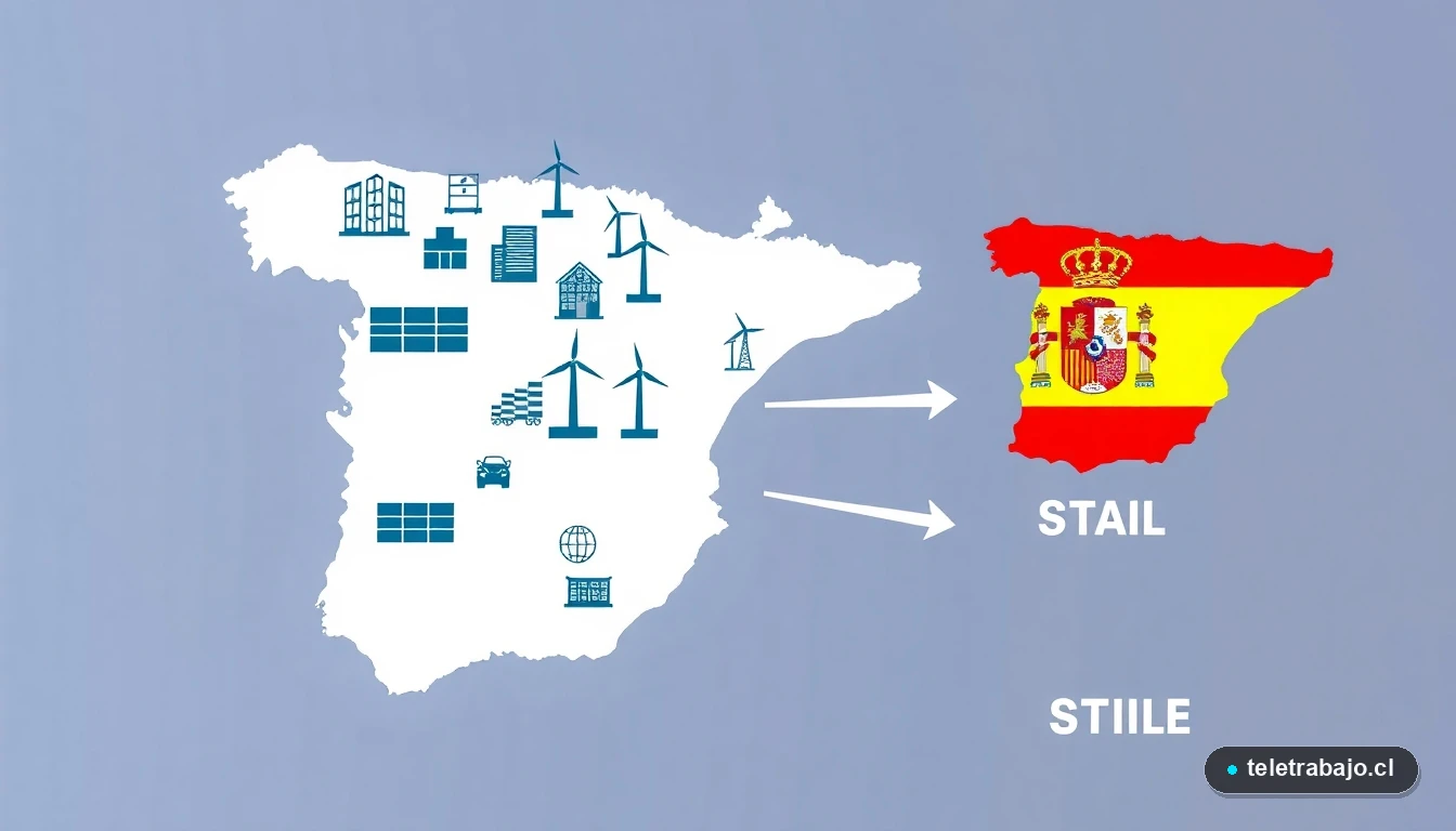 Mapa infográfico de oportunidades de empleo verde en España para profesionales chilenos en energías renovables