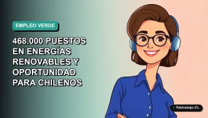 Ilustración vectorial plana de una mujer profesional chilena sonriente, con blusa azul, trabajando de forma remota. Fondo degradado verde azulado vacío a la izquierda.