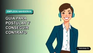 Ilustración plana de mujer profesional feliz con camisa blanca y chaqueta azul, sobre fondo degradado verde azulado, representando oportunidades laborales para temporada navideña en Chile.