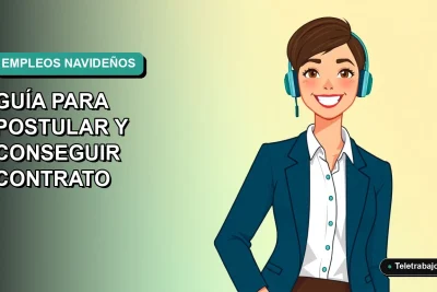 Ilustración plana de mujer profesional feliz con camisa blanca y chaqueta azul, sobre fondo degradado verde azulado, representando oportunidades laborales para temporada navideña en Chile.