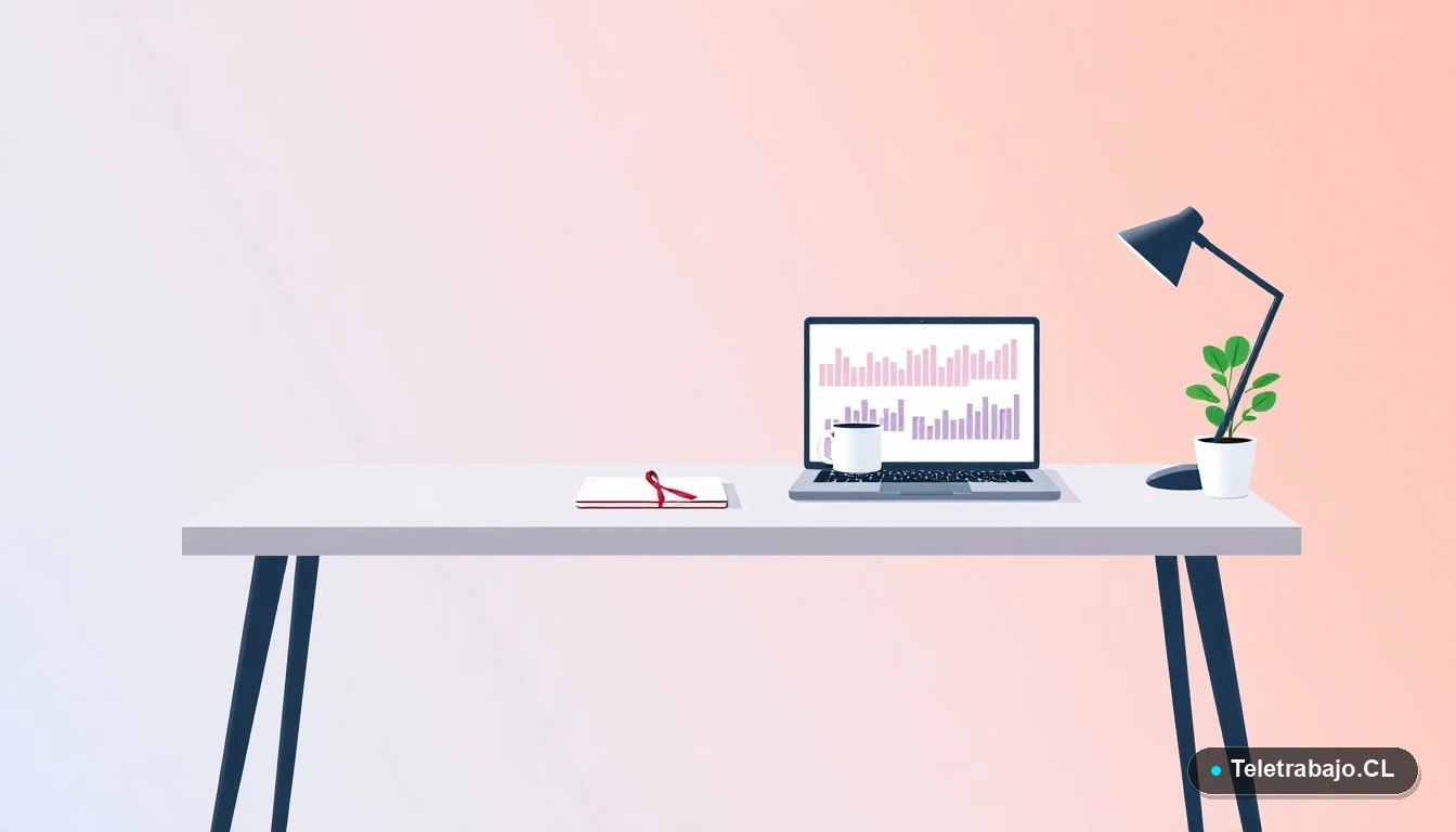 Escritorio moderno minimalista con laptop, taza de café y planta, sobre fondo degradado gris azulado, concepto de espacio de trabajo para temporada navideña.