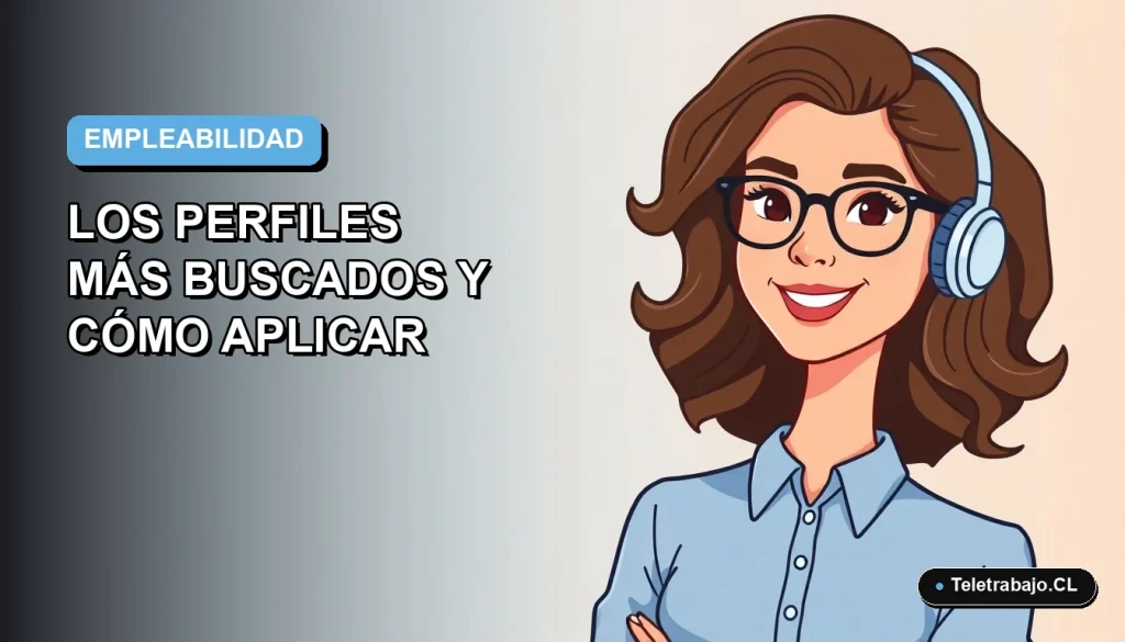 Ilustración vectorial plana de una mujer joven profesional con blusa azul y cabello castaño, sonriendo, sobre un fondo degradado azul y blanco, representando los empleos de verano 2026 en Chile.