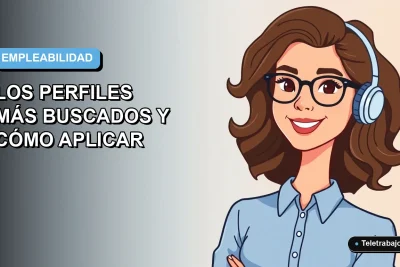 Ilustración vectorial plana de una mujer joven profesional con blusa azul y cabello castaño, sonriendo, sobre un fondo degradado azul y blanco, representando los empleos de verano 2026 en Chile.