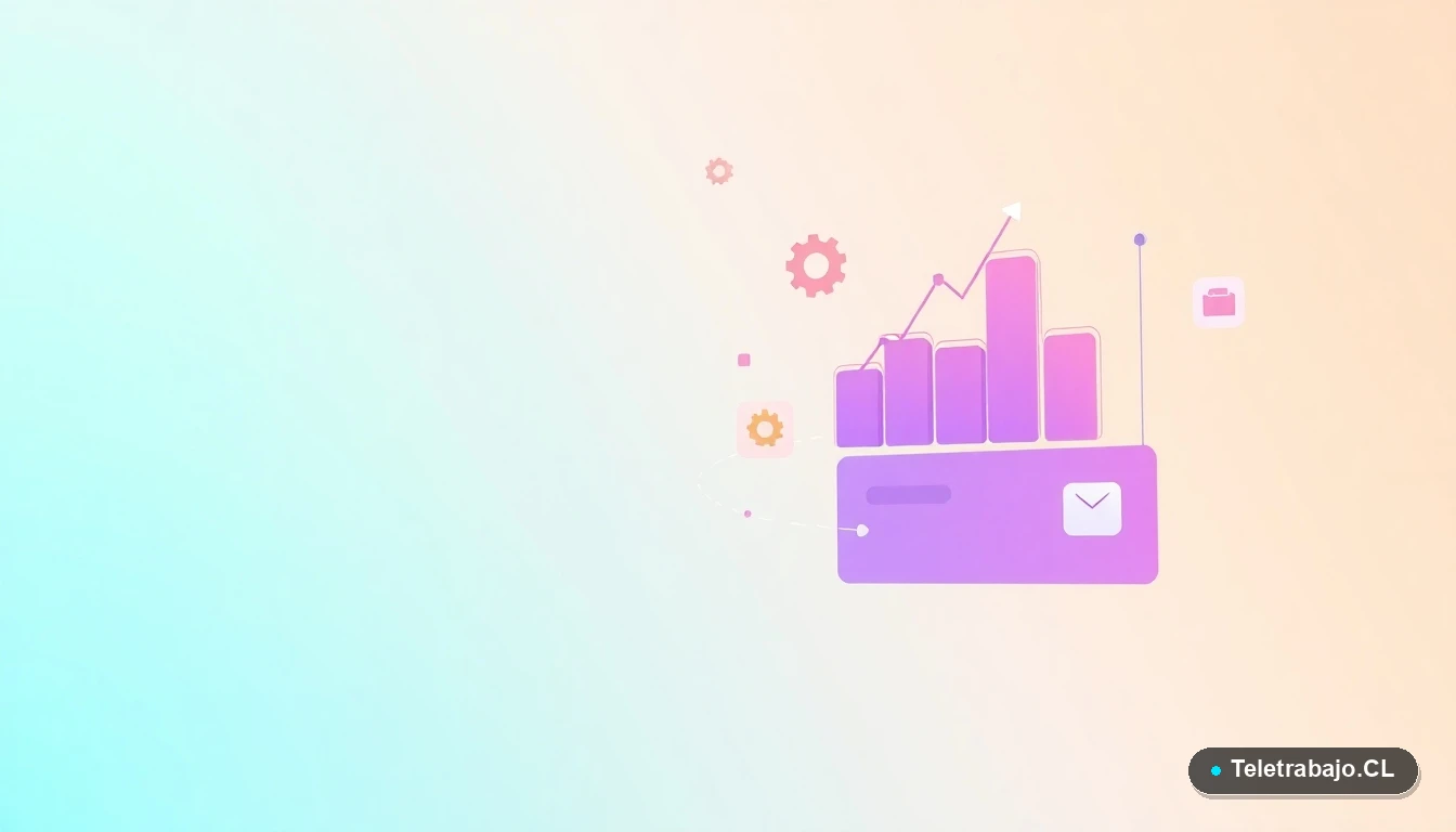 Composición abstracta de interfaz de usuario tecnológica con gráficos, engranajes y carpetas flotantes en tonos lavanda y durazno, sobre fondo degradado verde menta, concepto de empleos de verano 2026 en Chile.