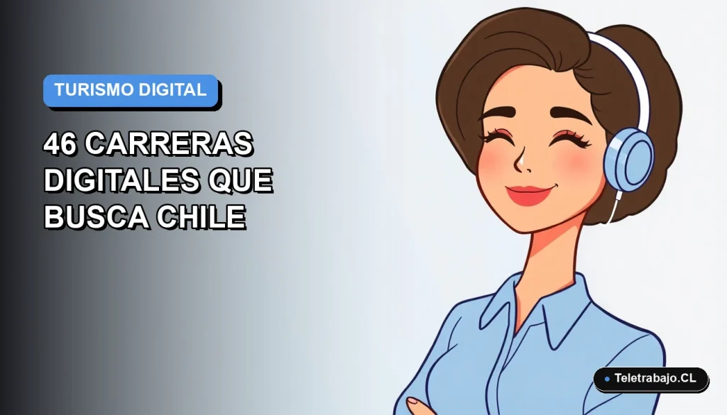 Ilustración vectorial plana de una mujer profesional de turismo con blusa azul, sonriendo, sobre fondo degradado azul y blanco. Representa los nuevos empleos digitales en el sector turístico de Chile.