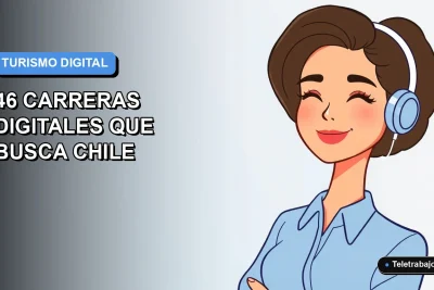 Ilustración vectorial plana de una mujer profesional de turismo con blusa azul, sonriendo, sobre fondo degradado azul y blanco. Representa los nuevos empleos digitales en el sector turístico de Chile.