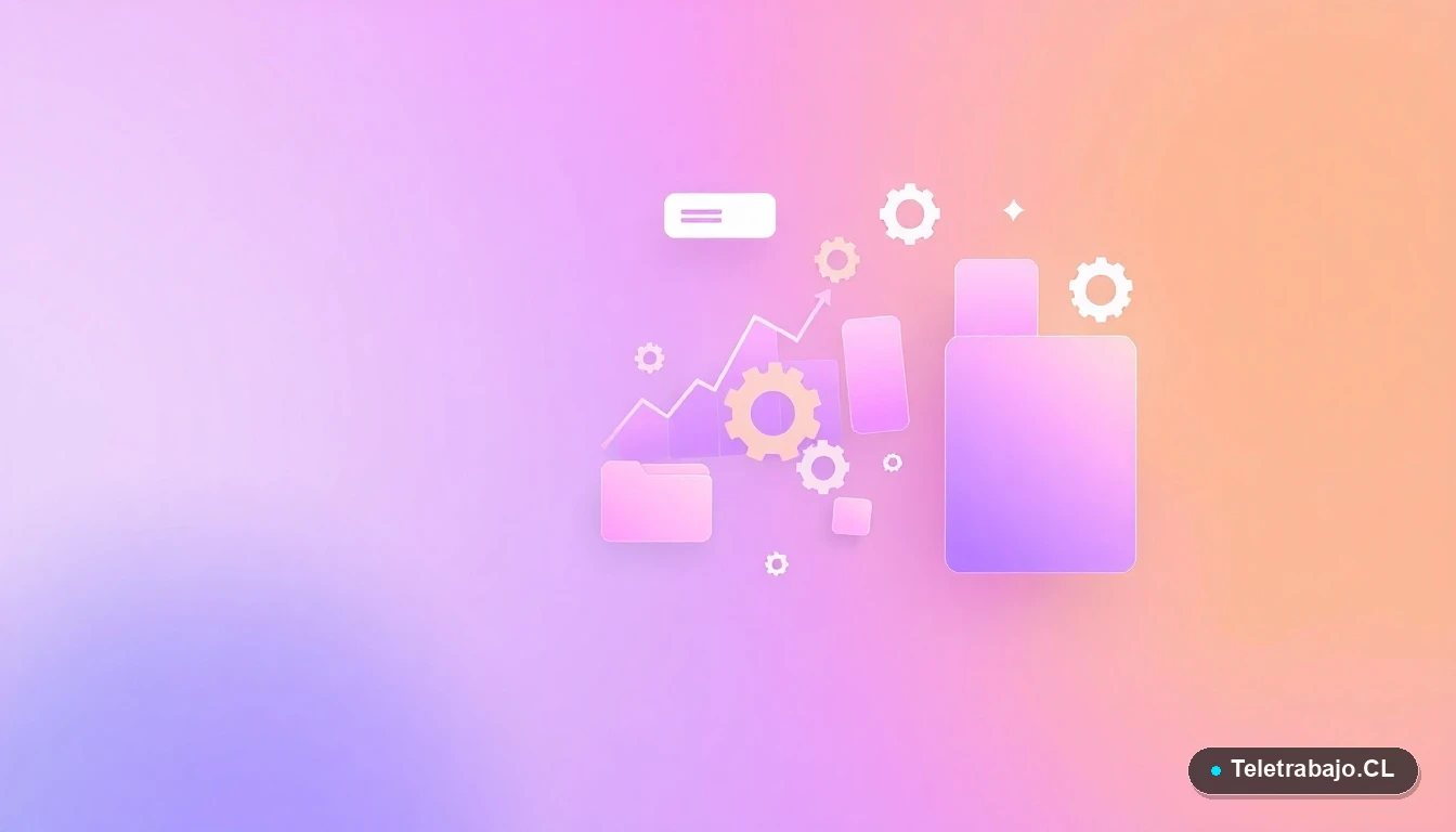 Composición abstracta de interfaz de usuario con gráficos flotantes, engranajes y carpetas en colores lavanda y durazno, sobre fondo degradado. Representa la tecnología detrás de las nuevas carreras en turismo.