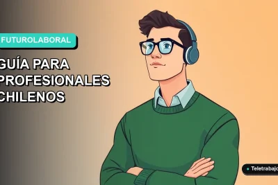 Ilustración vectorial plana de un profesional chileno trabajando en inteligencia artificial desde su casa, con fondo degradado azul verdoso.