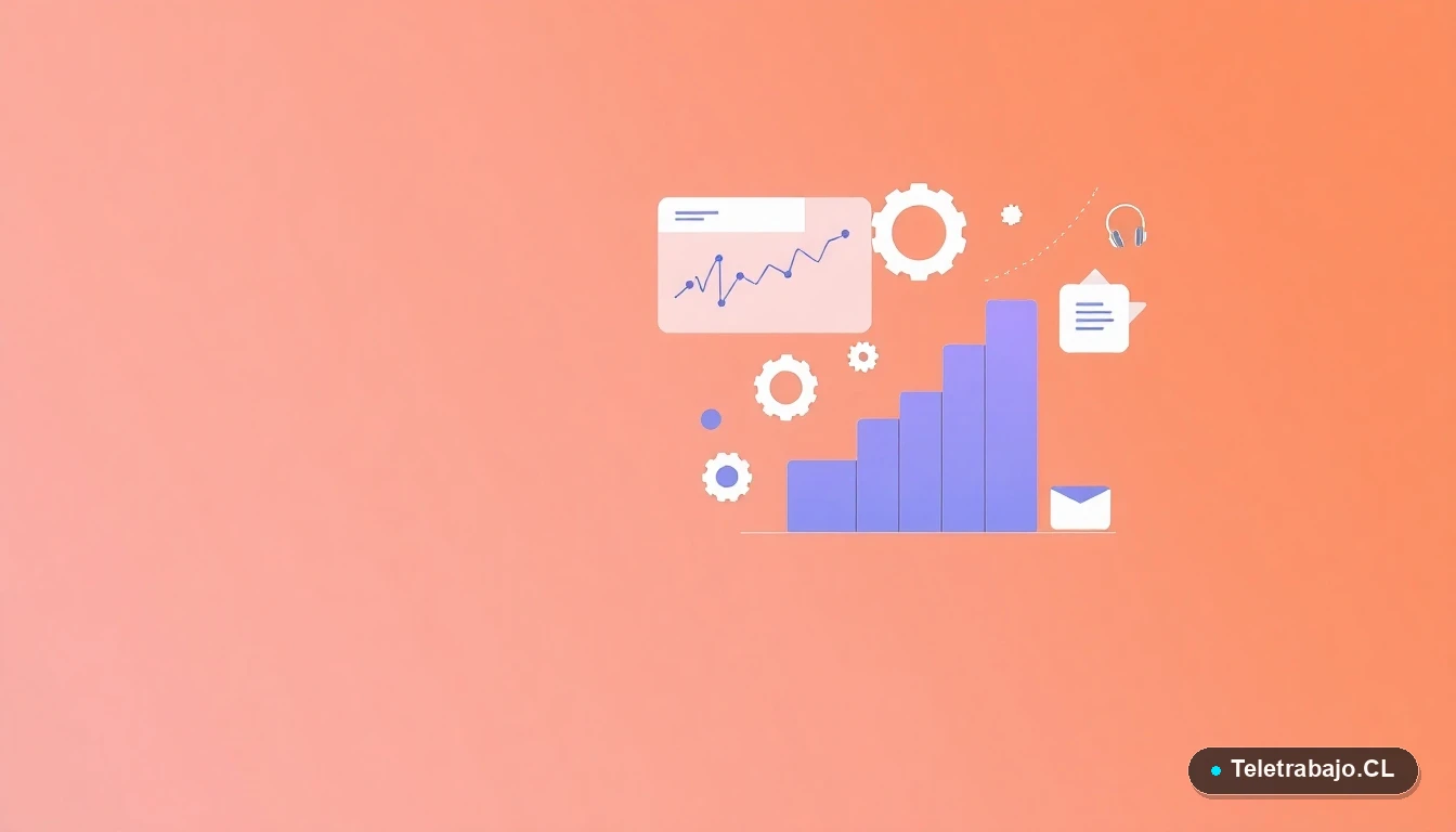 Composición abstracta de interfaz tecnológica con gráficos y engranajes flotantes en estilo vectorial plano, sobre fondo degradado melocotón. Representación visual de datos y tendencias de empleo en Chile.