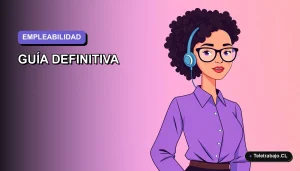 Ilustración plana vectorial de una trabajadora remota de tecnología, con fondo degradado lavanda y espacio negativo, representando los empleos más demandados en España para 2026.