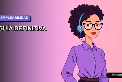 Ilustración plana vectorial de una trabajadora remota de tecnología, con fondo degradado lavanda y espacio negativo, representando los empleos más demandados en España para 2026.