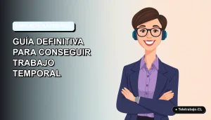 Ilustración plana vectorial de una mujer profesional de teletrabajo sonriendo, con fondo degradado azul claro, para guía de empleos temporales de fin de año en Chile.