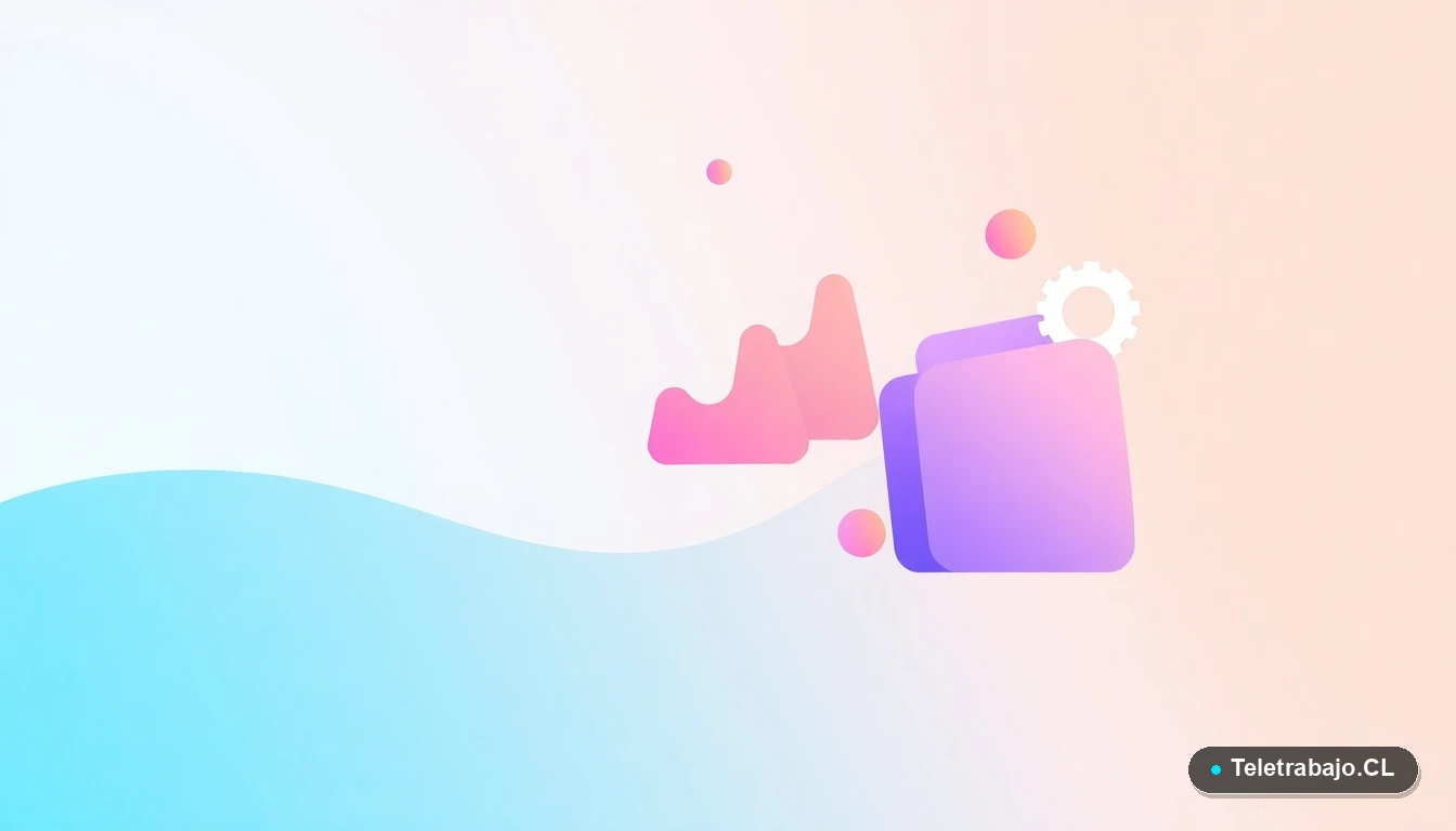 Composición abstracta de interfaz de usuario con gráficos y iconos flotantes en tonos lavanda y durazno, sobre fondo degradado verde azulado, representando conceptos de tecnología y empleo.