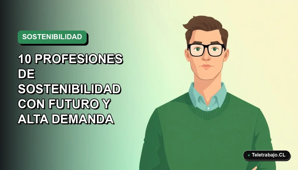 Ilustración vectorial plana de un trabajador remoto masculino, estilo Corporate Memphis, con suéter verde, sobre fondo degradado vacío. Representa profesiones sostenibles con futuro en Chile.