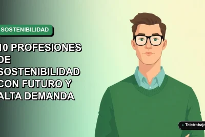 Ilustración vectorial plana de un trabajador remoto masculino, estilo Corporate Memphis, con suéter verde, sobre fondo degradado vacío. Representa profesiones sostenibles con futuro en Chile.
