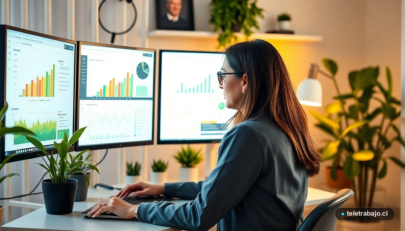 Profesional chilena analizando datos de sostenibilidad en su oficina en casa para empleos verdes