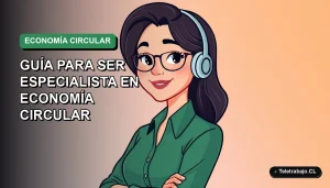 Ilustración vectorial plana de especialista en economía circular, mujer chilena con blusa verde, sobre fondo degradado azul y verde.