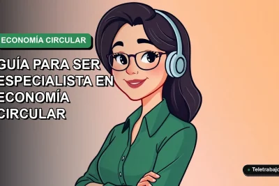 Ilustración vectorial plana de especialista en economía circular, mujer chilena con blusa verde, sobre fondo degradado azul y verde.