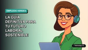 Ilustración vectorial plana de una mujer profesional chilena sonriente, con blusa verde, en un fondo con degradado suave. Representa el futuro de los trabajos sostenibles en Chile.