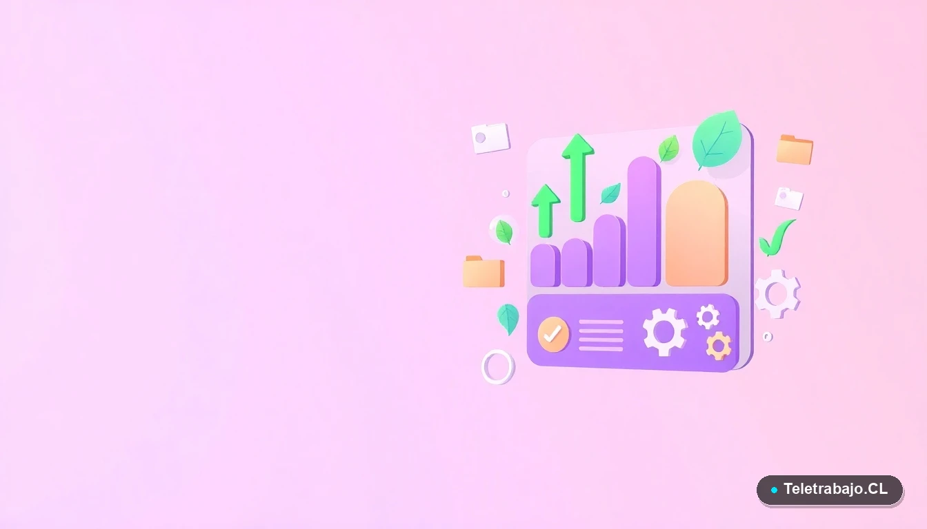 Composición abstracta de interfaz de usuario con gráficos, engranajes y hojas flotantes en tonos lavanda y durazno, sobre un fondo degradado. Concepto visual de tecnología y sostenibilidad para empleos verdes.