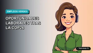 Ilustración vectorial plana de una mujer profesional chilena sonriente, con blusa verde, representando los nuevos empleos verdes y sostenibles en Chile para 2026. Fondo con degradado suave de azul a turquesa.