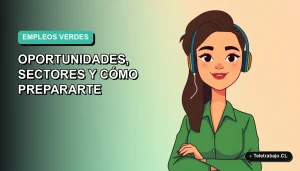 Ilustración vectorial plana de una trabajadora chilena sonriente con blusa verde, sobre fondo degradado azul y verde, representando oportunidades de empleos verdes y sostenibles.