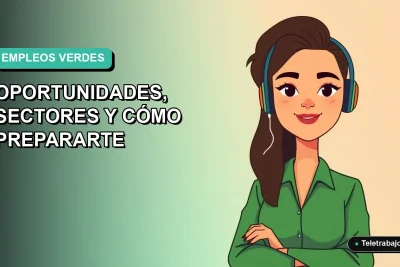 Ilustración vectorial plana de una trabajadora chilena sonriente con blusa verde, sobre fondo degradado azul y verde, representando oportunidades de empleos verdes y sostenibles.