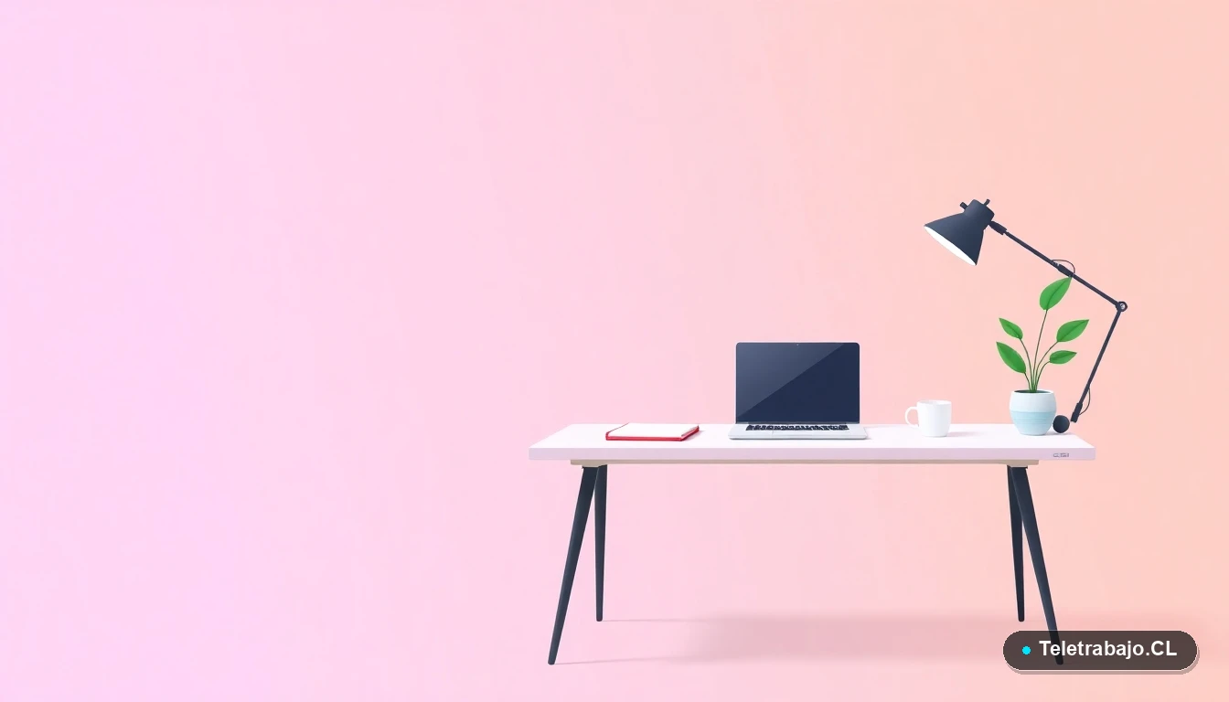 Escritorio moderno minimalista con laptop, cuaderno, taza de café y planta, sobre fondo degradado lavanda y durazno, ilustración plana para artículo sobre preparación para empleos verdes.