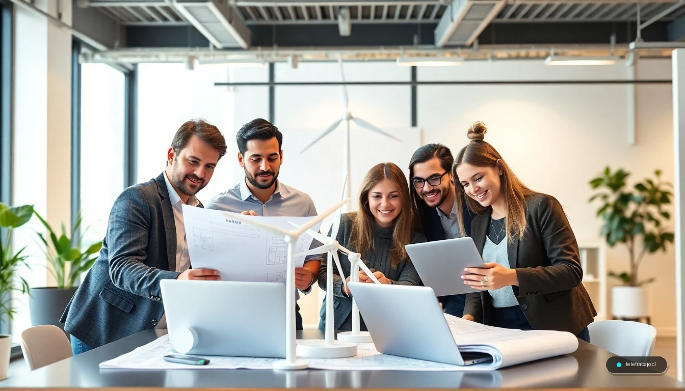 Profesionales españoles colaborando en proyectos de energías renovables y sostenibilidad en una oficina moderna.