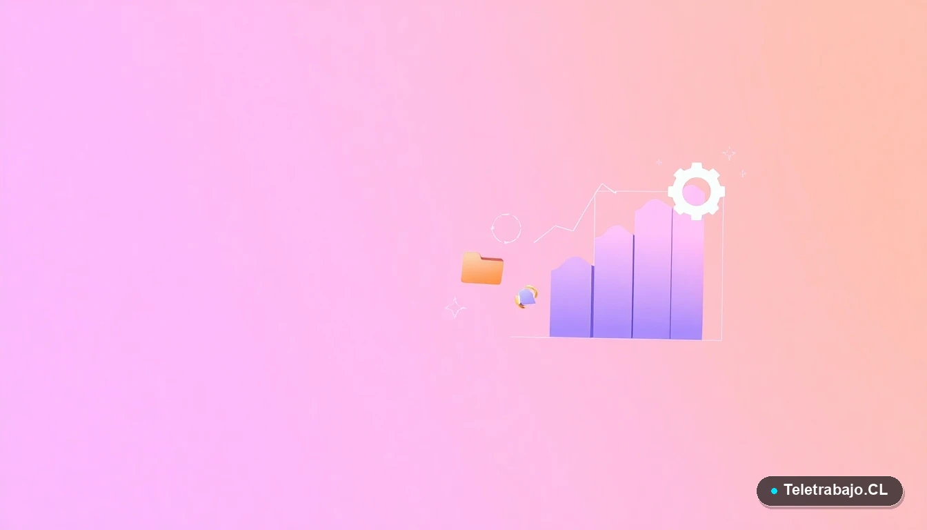 Elementos de interfaz de usuario abstractos y modernos, como gráficos y engranajes flotantes, sobre un fondo degradado lila y durazno, concepto de productividad y tecnología.