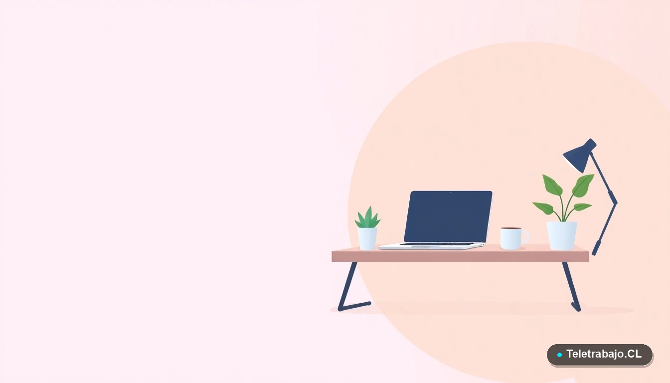 Escritorio moderno minimalista con laptop, cuaderno, planta y taza de café, ilustración plana sobre fondo degradado lavanda, representando espacio de trabajo para emprendimiento tecnológico.