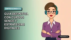 Ilustración plana de mujer emprendedora chilena trabajando desde casa con laptop, fondo degradado suave, estilo Corporativo Memphis.