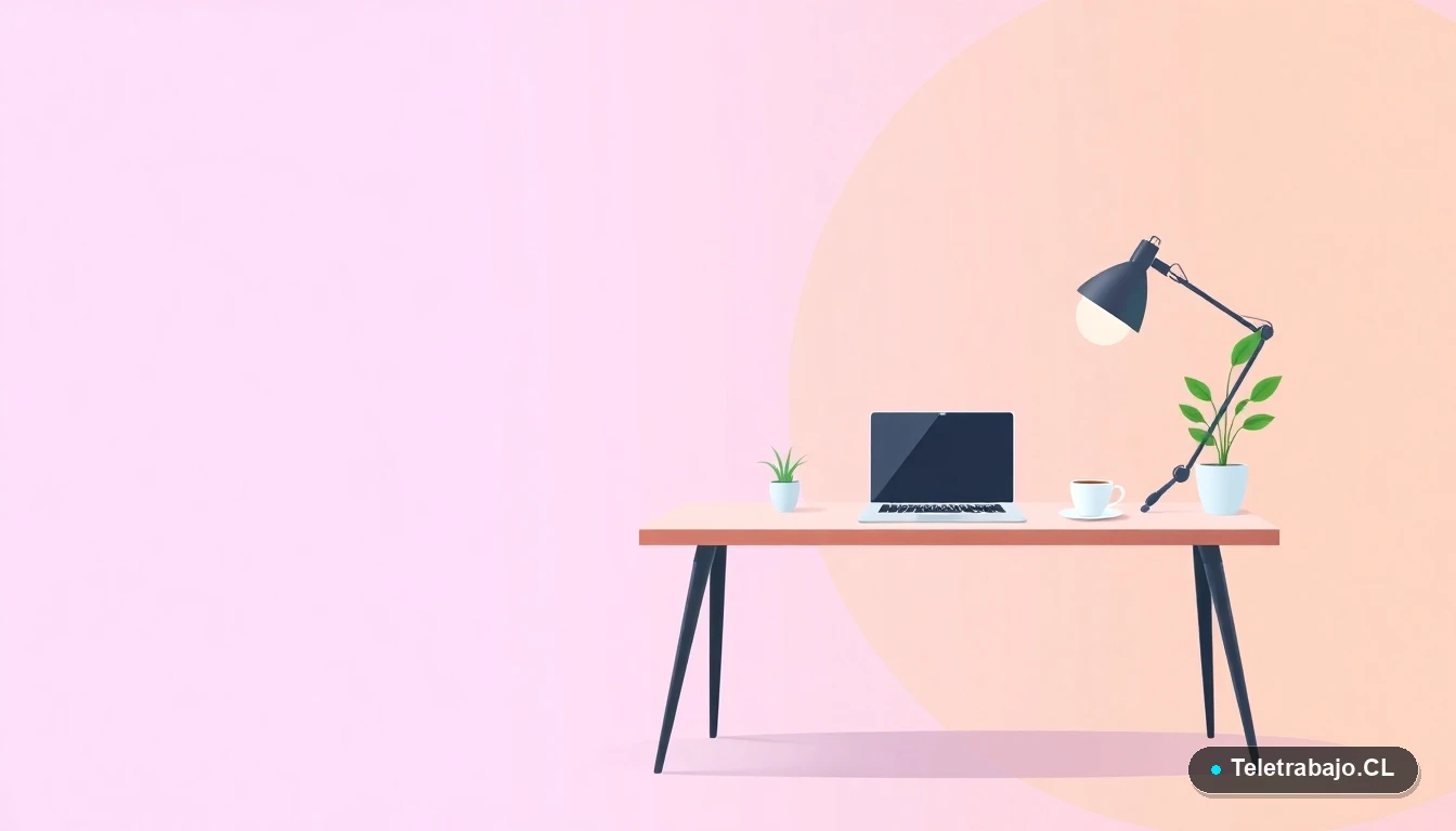 Escritorio moderno y minimalista para emprender desde casa, con laptop, café y planta, ilustración plana estilo startup tech.