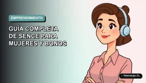 Ilustración vectorial plana de una mujer emprendedora chilena con laptop, fondo con gradiente suave azul verdoso, concepto de capacitación SENCE.