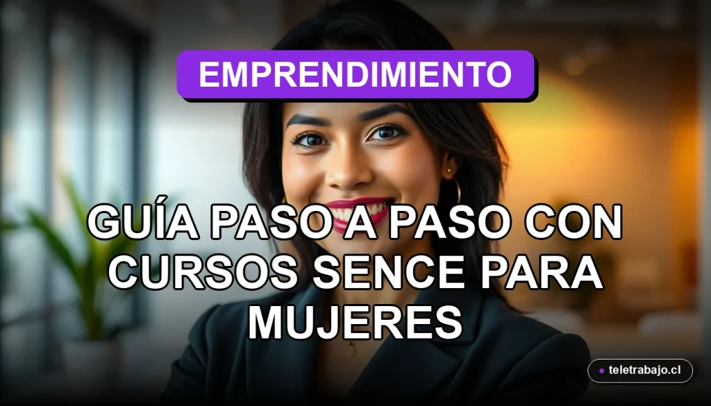Mujer emprendedora en Chile sonriendo con confianza, fondo de oficina moderna desenfocado, concepto de cursos SENCE y apoyo a mujeres 2026