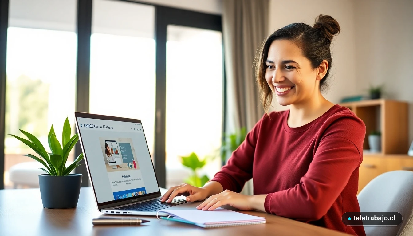 Mujer chilena emprendedora tomando un curso de capacitación digital SENCE desde su hogar
