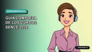 Ilustración plana de mujer profesional con laptop sonriendo, sobre fondo degradado azul verdoso, representando cursos de emprendimiento rural en Chile.