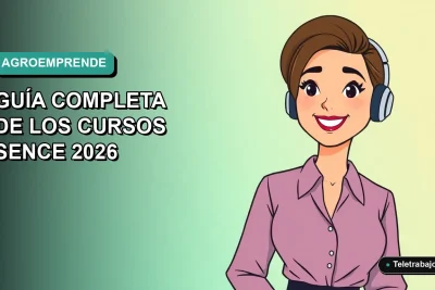 Ilustración plana de mujer profesional con laptop sonriendo, sobre fondo degradado azul verdoso, representando cursos de emprendimiento rural en Chile.