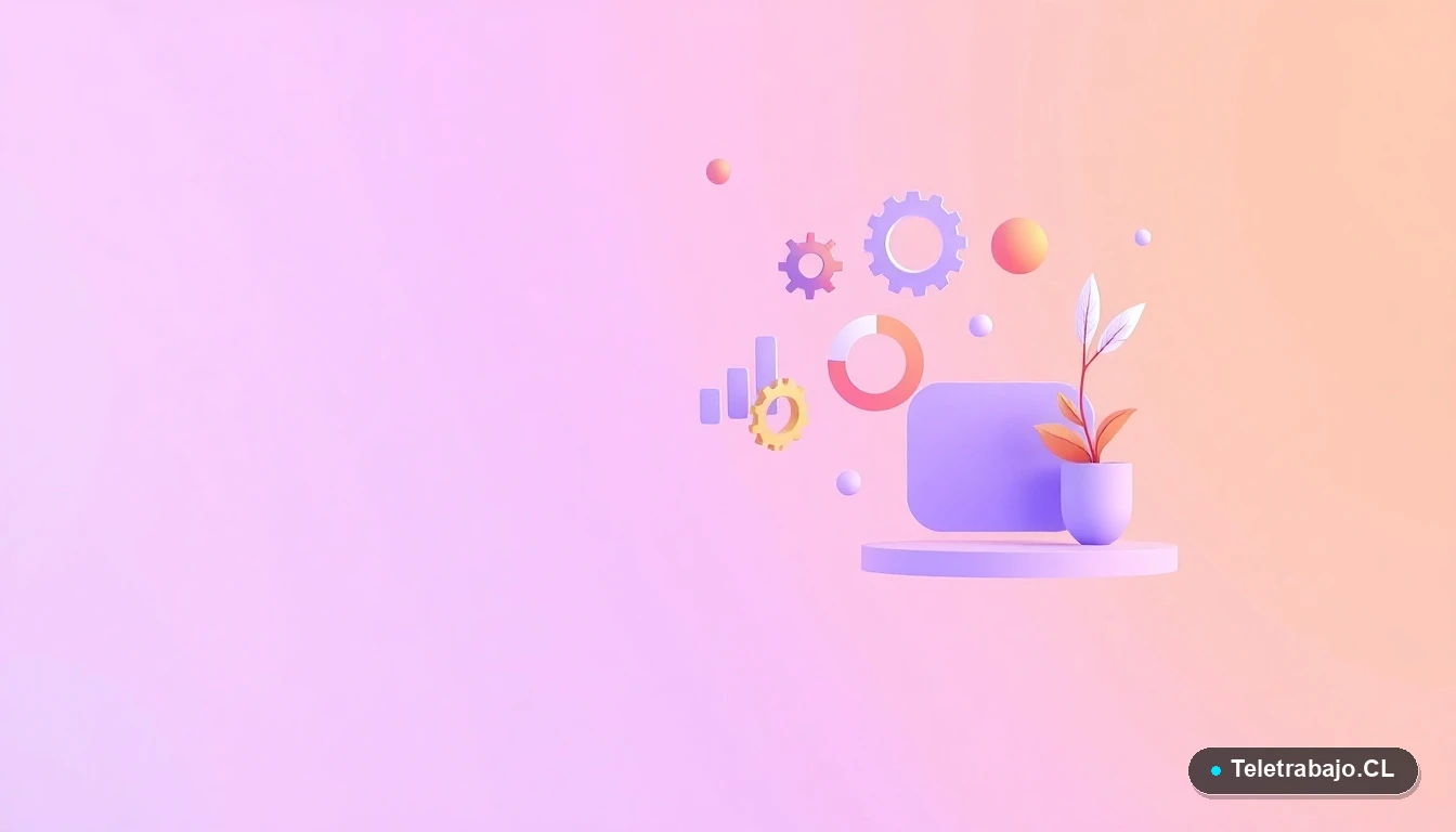 Elementos gráficos abstractos de interfaz de usuario con gráficos, engranajes y carpeta, sobre fondo degradado lila, representando capacitación digital y tecnológica para el agro.