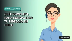 Ilustración plana corporativa de una mujer profesional de teletrabajo, con blusa azul y lentes, sobre un fondo degradado suave. Representa el programa SENCE para formalizar negocios en Chile.