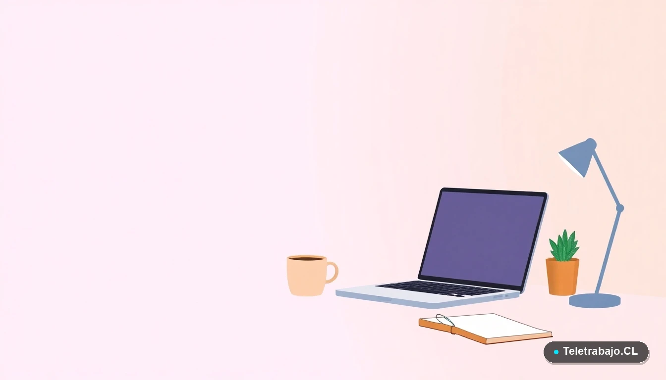 Escritorio moderno minimalista con laptop, cuaderno, taza de café y una planta suculenta, ilustración plana sobre fondo degradado lavanda, concepto de espacio de trabajo para emprendedores.