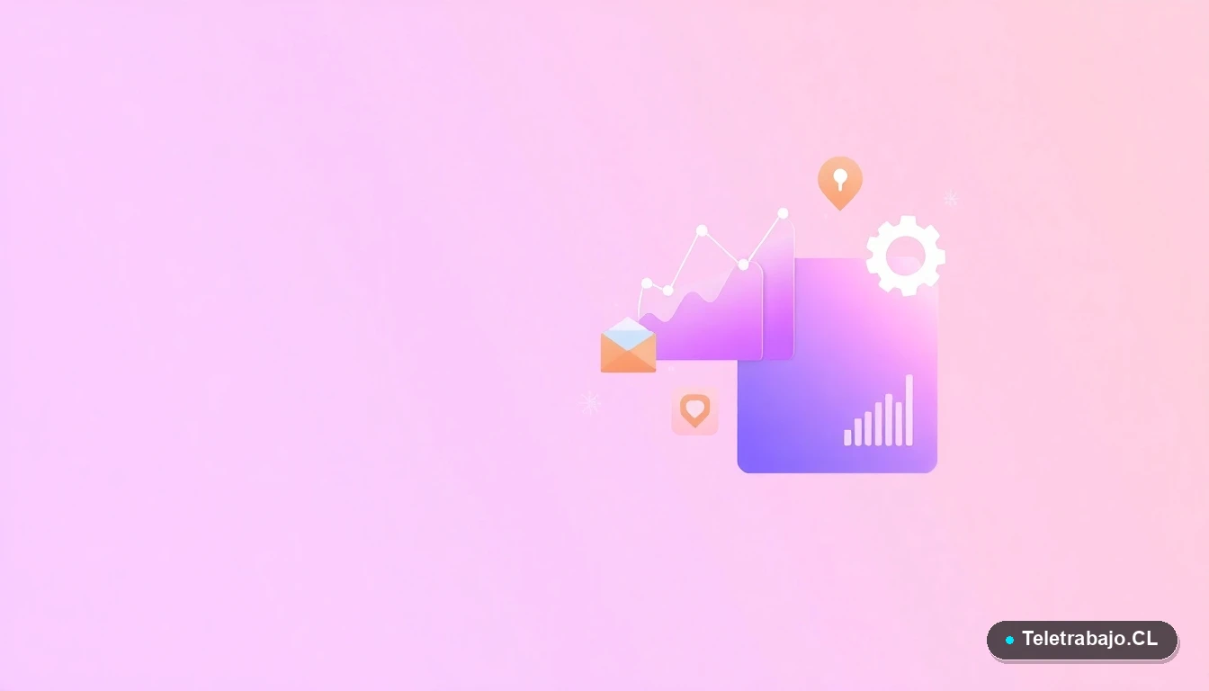 Composición abstracta de interfaz de usuario con gráficos, engranajes y carpetas flotantes en colores lavanda y durazno. Representa conceptos de tecnología, planificación y crecimiento para emprendedores.