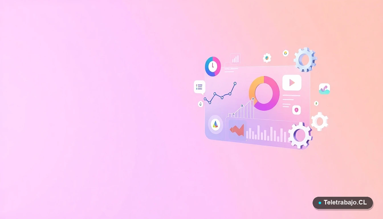 Ilustración abstracta de interfaz de usuario con gráficos flotantes y iconos de engranaje, sobre fondo degradado lila y durazno, representando conceptos de negocio y tecnología.